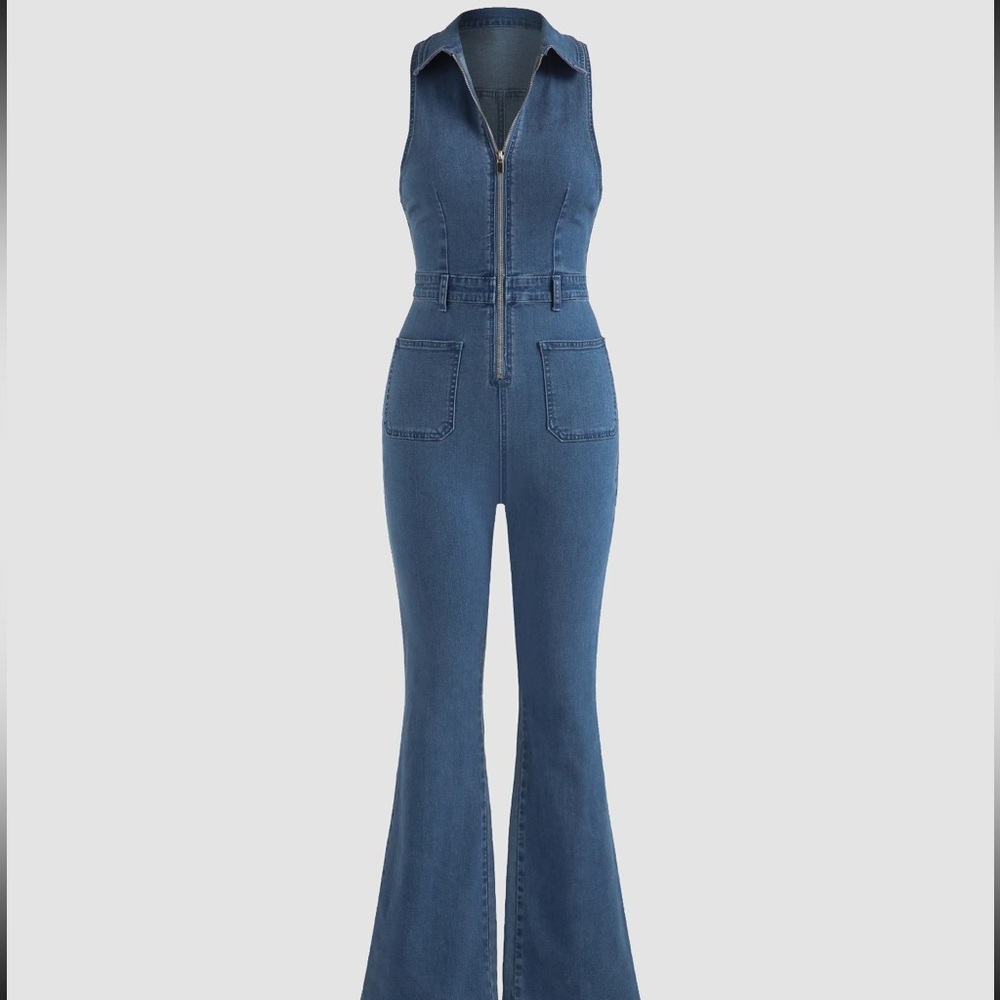 CIDER Denim Collar Flare Leg Jumpsuit